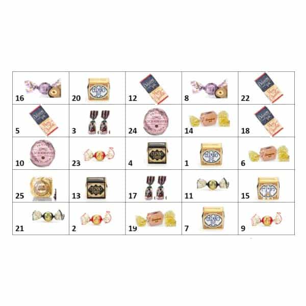 contenu des 24 chocolats et gourmandises chocolatées du Calendrier de l'Avent Venchi 2024 contenant