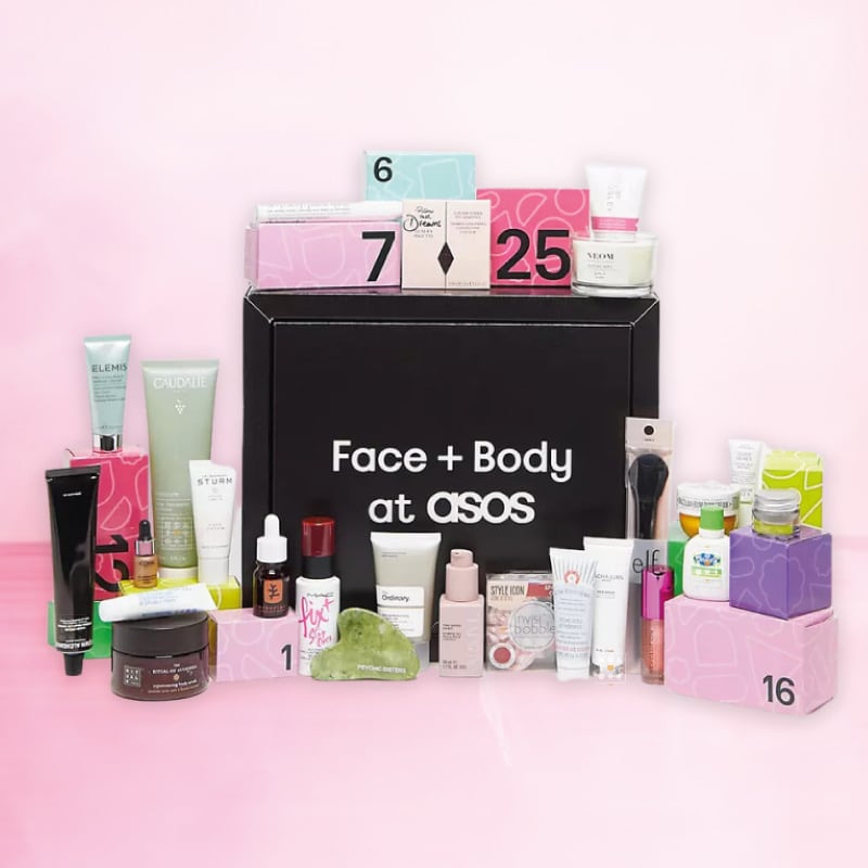 coffret beauté multimarque noir calendrier de l'avent asos 2023 visage et corps 14 produits maquillage, soins visage et corps