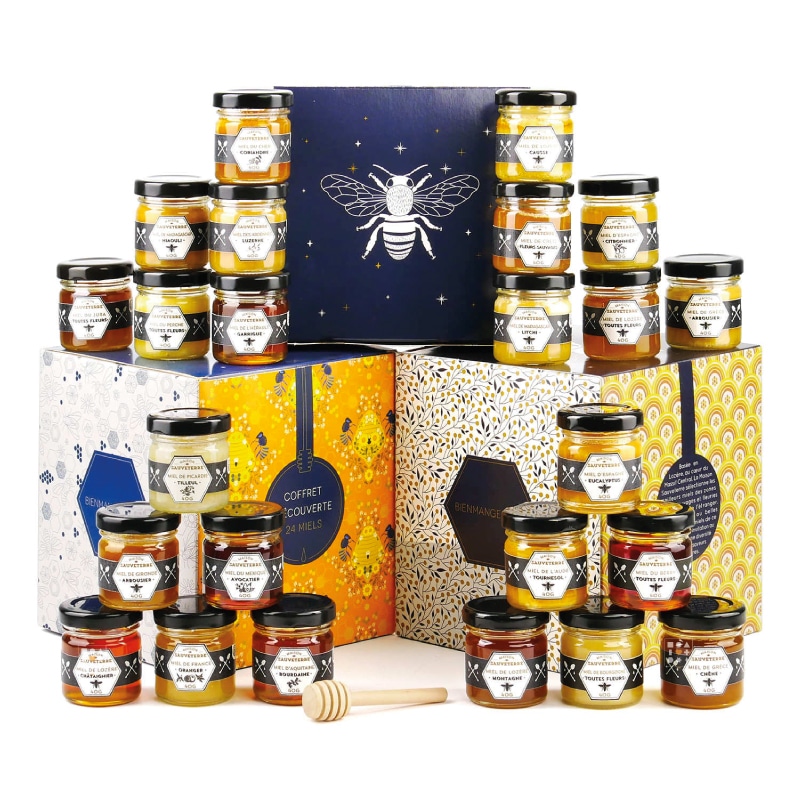 coffret gourmand calendrier de l'avent miel 2024 contenu 24 miels différentes saveurs et une cuillère en bois