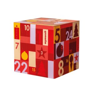 coffret gourmand cube rouge calendrier de l'avent mymuesli 2024 contenant 24 muesli aux saveur chocolat, fruit ... 100% Bio