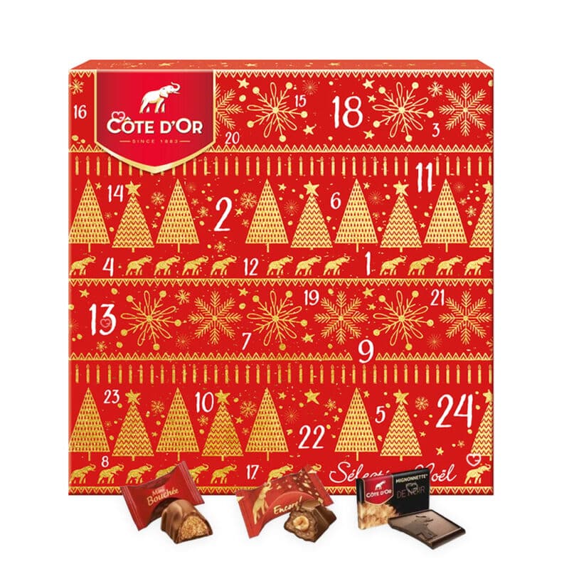 Calendrier de l'Avent cote d'or 2024 contenant chocolat noir et chocolat au lait - caramel