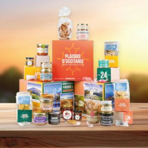 coffret gourmand calendrier de l'avent plaisirs d'occitanie 2024 contenant terrine, foie gras, olive et bonbons de provence