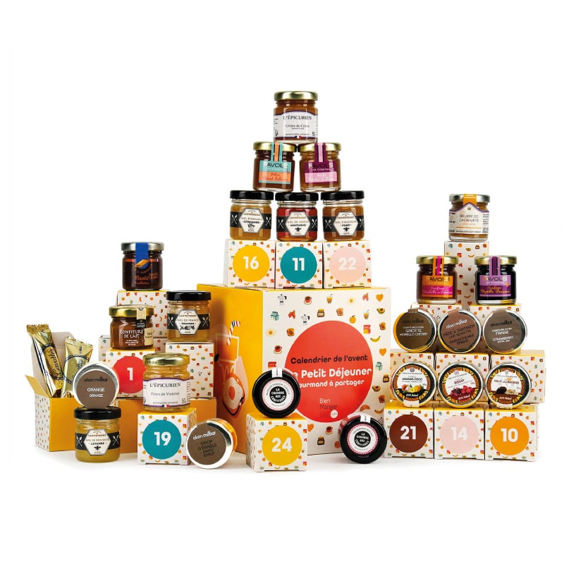 coffret gourmand calendrier de l'avent petit dejeuner 2023 avec pots de miels et confitures