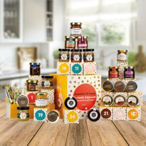 coffret gourmand calendrier de l'avent petit dejeuner 2023 avec pots de miels et confitures