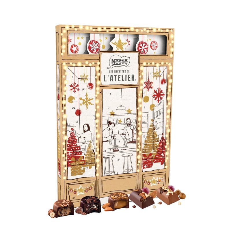 Calendrier de l'Avent Chocolat Nestlé Atelier 2023 Noisette, Fèves de Cacao, Caramel salé, chocolat noir
