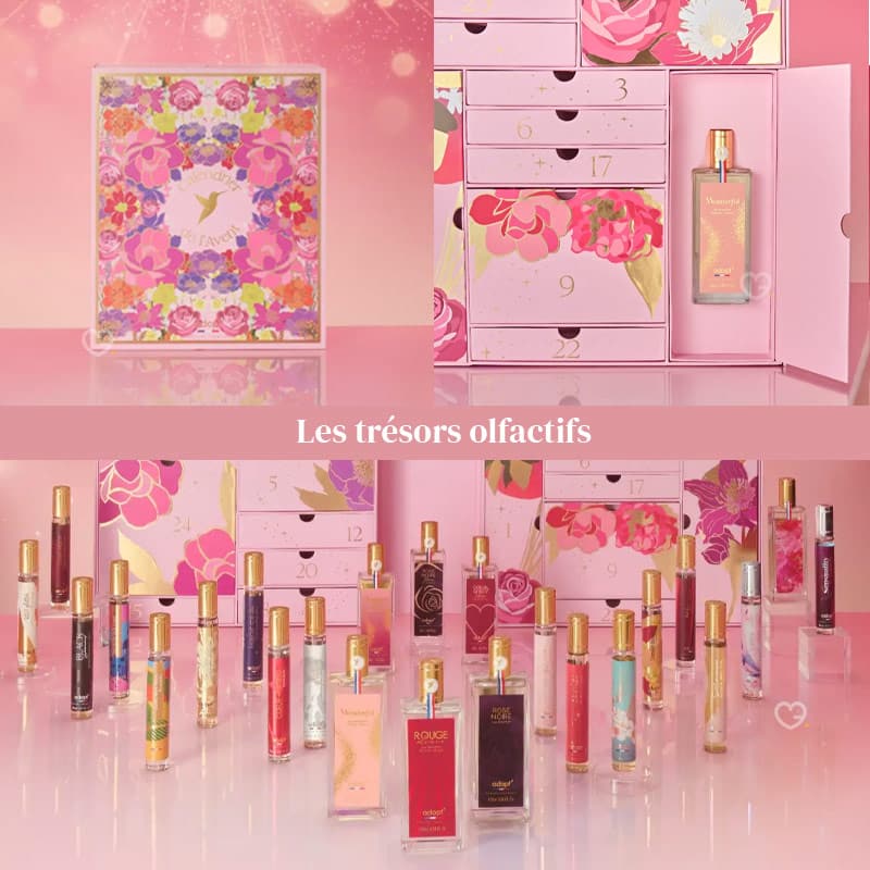 tiroir Coffret beauté parfum décoré Calendrier de l'Avent Adopt 2024 contenant des parfums senteurs différentes et des soins
