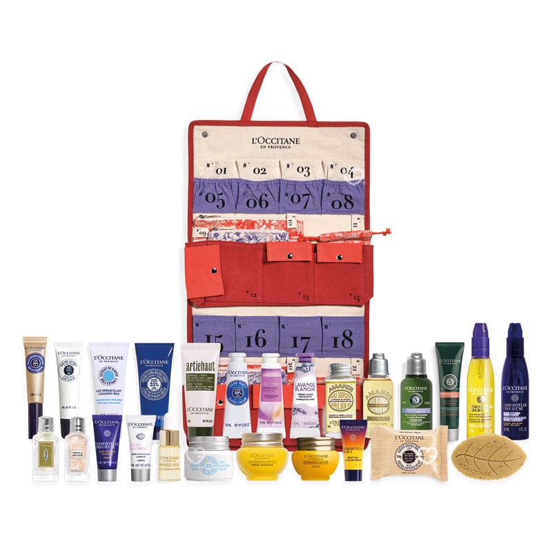 calendrier de l'Avent L'Occitane 2024 version reutilisable en tissu écologique eco concut rempli de 25 produits de beauté et de bien-être