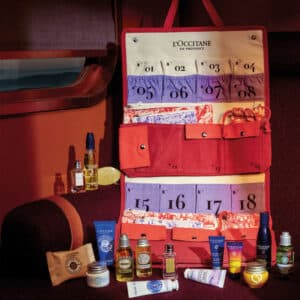 calendrier de l'Avent L'Occitane 2024 version reutilisable en tissu écologique eco concut rempli de 25 produits de beauté et de bien-être