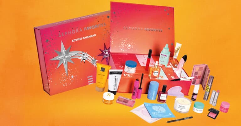 Coffret fermé et ouvert orange Calendrier de l'Avent Sephora 2023 favorites multimarque beauté 25 produits de beauté visage corps maquillage