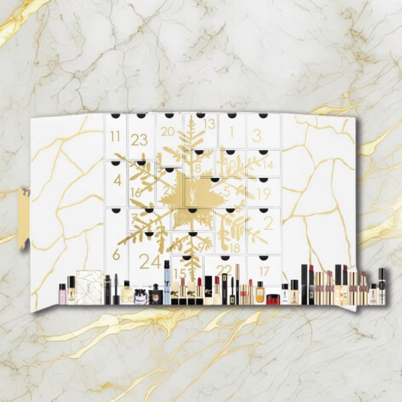 Coffret beauté luxe blanc et or yves saint laurent Calendrier de l'avent YSL 2023 maquillage, parfum et cosmétiques contenu complet