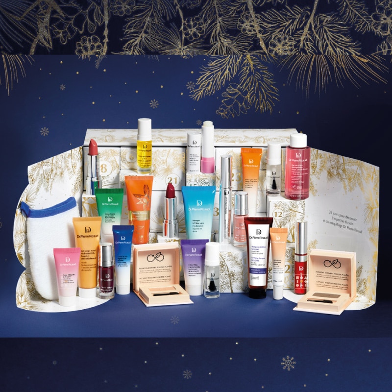 coffret beauté blanc et or calendrier de l'avent Dr Pierre Ricaud 2024 contenant 12 produits soins visage, soins corps et maquillage d'une valeur de 250 euros