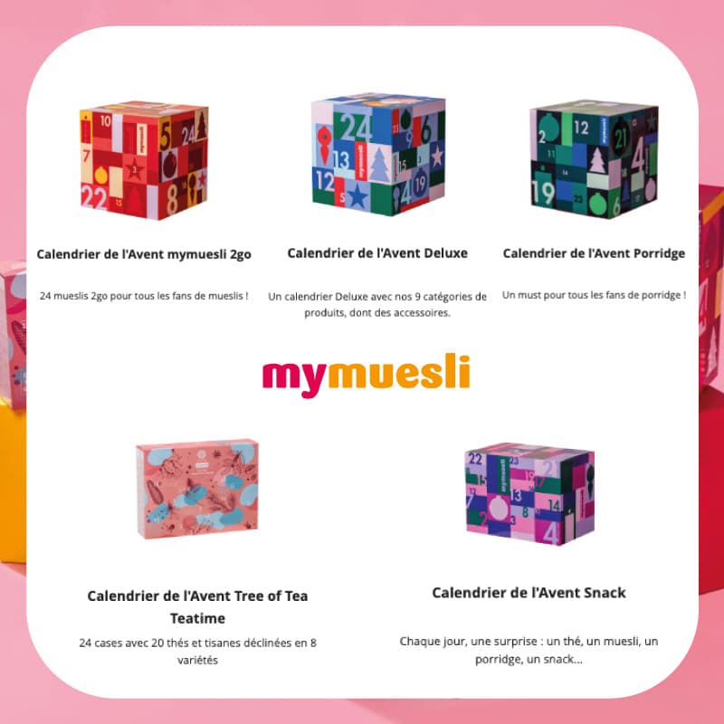 coffret gourmand coloré calendriers de l'avent mymuesli 2023 avec muesli, chocolat, thé, snack
