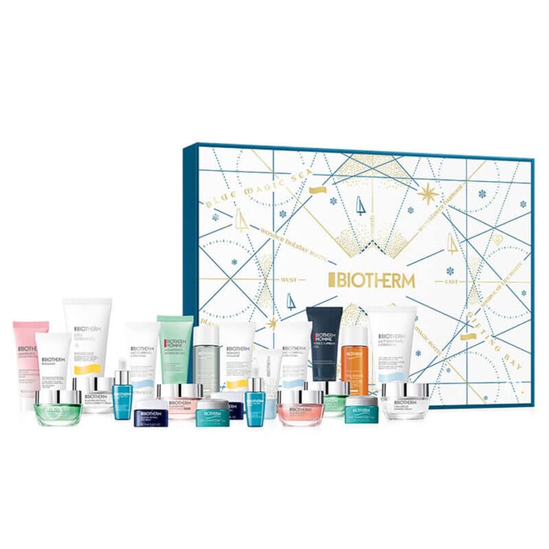 coffret beauté bleu calendrier de l'avent Biotherm 2024 contenant produits soins visage et corps