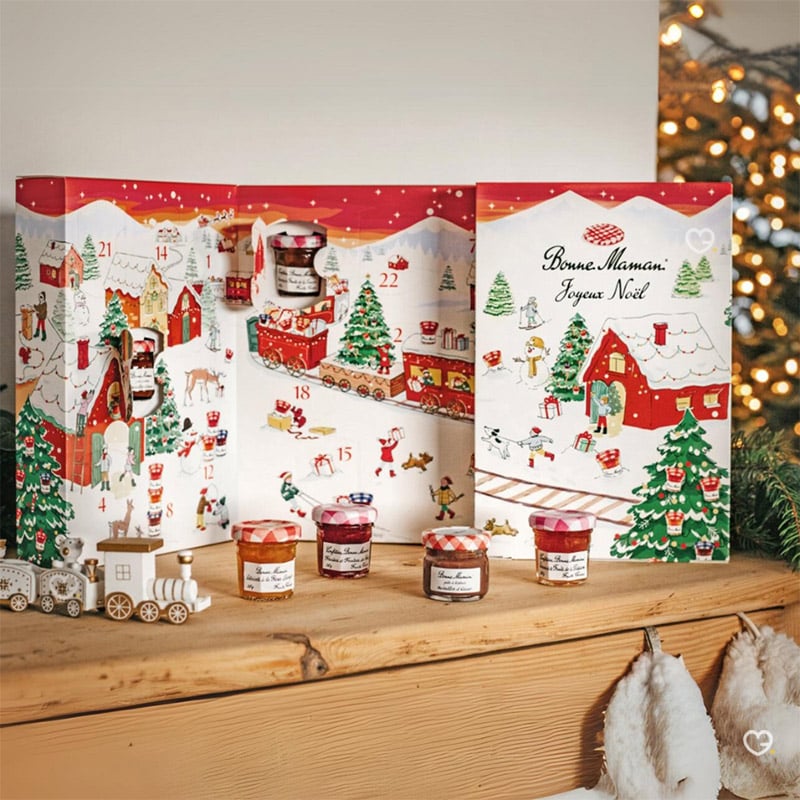 coffret gourmand Calendrier de l'avent Bonne Maman 2024 avec des confitures, gateaux et infusions