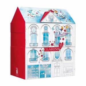 coffret beauté forme de maison, calendrier de l'avent clarins 2024 avec 24 soins visage, corps et maquillage