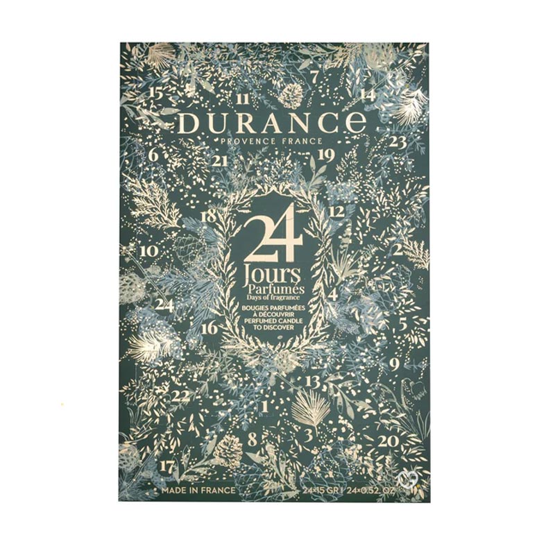 coffret vert fleurit calendrier de l'avent durances 2024 avec 24 bougies parfumées et 1 photophore
