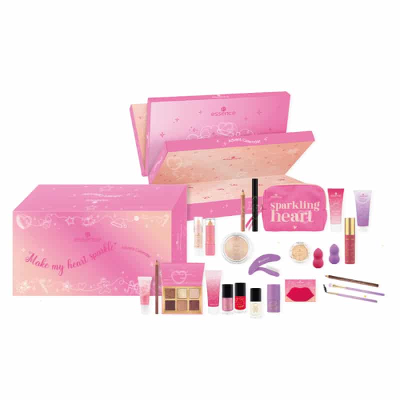 Calendrier de l'Avent Essence 2024 coffret Beauté ferme contenant cosmétiques visage et corps, maquillage et accessoires makeup