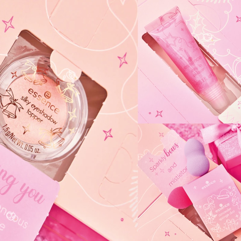 Calendrier de l'Avent Essence 2024 coffret Beauté ferme contenant cosmétiques visage et corps, maquillage et accessoires makeup