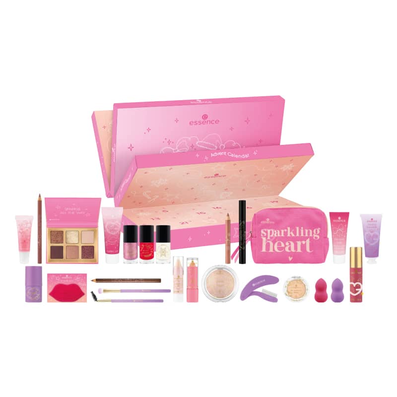 Calendrier de l'Avent Essence 2024 coffret Beauté ferme contenant cosmétiques visage et corps, maquillage et accessoires makeup