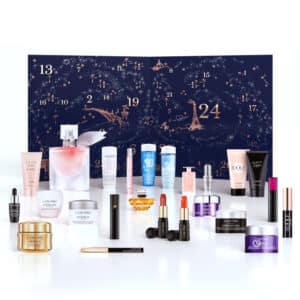 coffret beauté bleu illustré dessin rose calendrier de l'avent lancome la vie est belle 2024 edition nocibe contenant maquillage soins et parfums