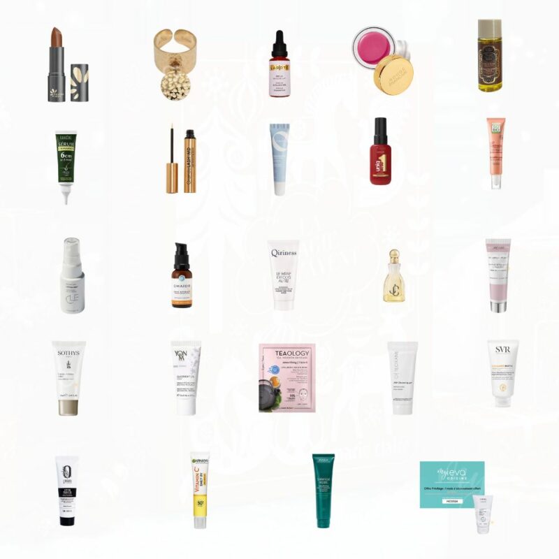 coffret beauté rouge calendrier de l'avent Marie Claire 2024 contenant 24 produits beauté; soins visage, maquillage, bijou
