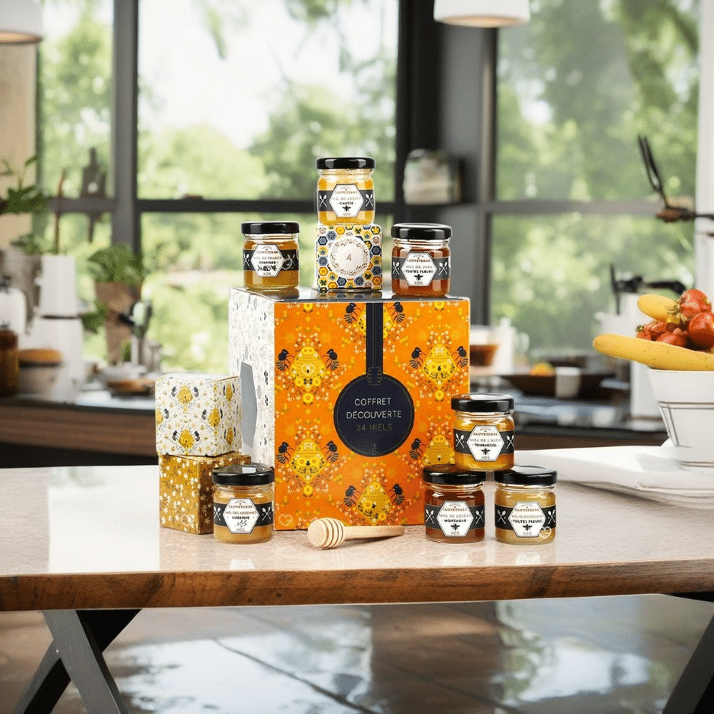 coffret gourmand calendrier de l'avent miel 2024 contenu 24 miels différentes saveurs et une cuillère en bois