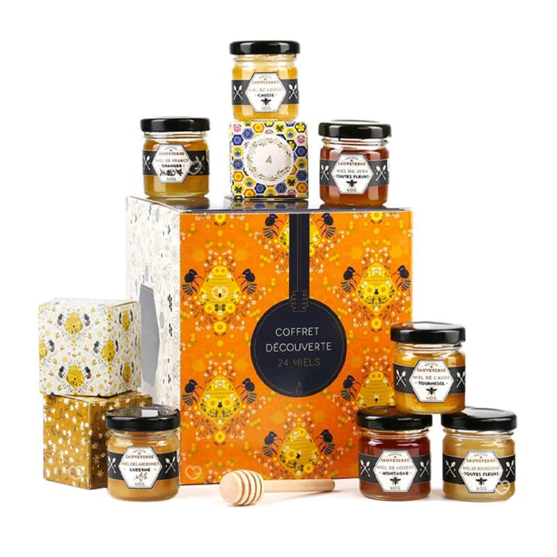 coffret gourmand calendrier de l'avent miel 2024 contenu 24 miels différentes saveurs et une cuillère en bois