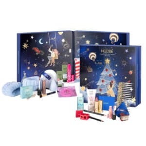 contenu complet du calendrier de l'avent Nocibe 2024 coffret bleu dédié à la beauté avec soins, maquillage et accessoire pour femme