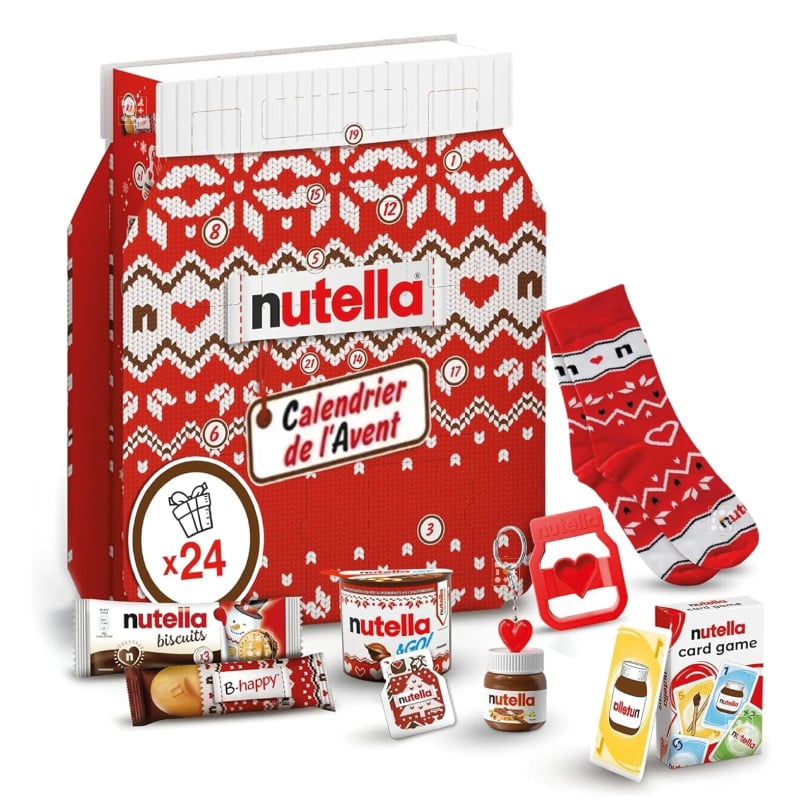 coffret gourmand forme pot de nutella décor pull de noel calendrier de l'avent nutella 2023 remplit de friandises chocolat