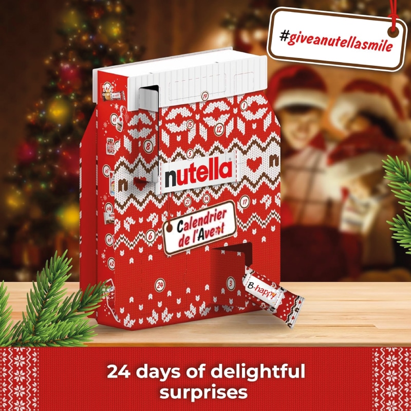 coffret gourmand forme pot de nutella décor pull de noel calendrier de l'avent nutella 2024 remplit de friandises chocolat