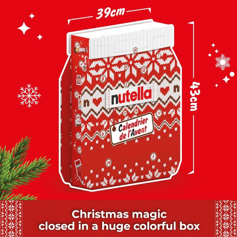 coffret gourmand forme pot de nutella décor pull de noel calendrier de l'avent nutella 2024 remplit de friandises chocolat