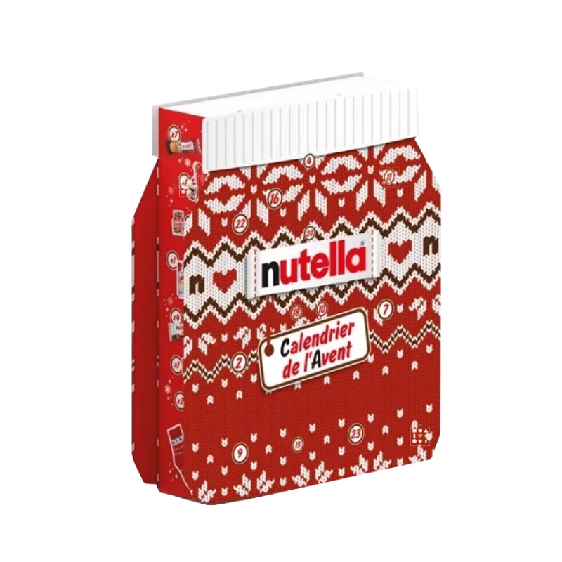 coffret gourmand forme pot de nutella décor pull de noel calendrier de l'avent nutella 2024 remplit de friandises chocolat