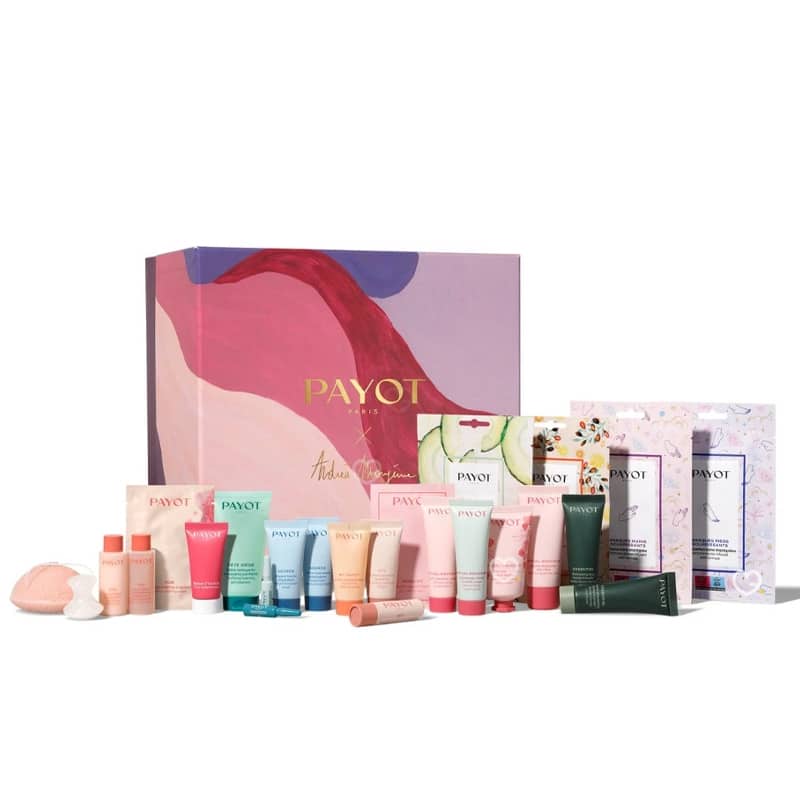 calendrier de l'avent payot 2024 illustré par Andréa Mongénie contenant 24 produits de beauté pour les soins visage et corps