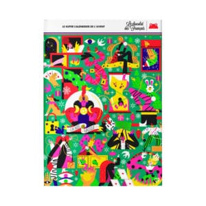 coffret gourmand illustré Calendrier de l'Avent Le Chocolat des Francais 2024 contenant 24 douceurs chocolatées guimauve, chocolat noir, Truffes, praliné