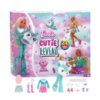 Calendrier de l'Avent Barbie Cutie Reveal avec des fenêtres colorées prêtes à être ouvertes, mettant en avant une poupée Barbie et un cerf argenté pour les enfants fille