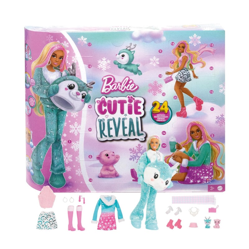 Calendrier de l'Avent Barbie Cutie Reveal avec des fenêtres colorées prêtes à être ouvertes, mettant en avant une poupée Barbie et un cerf argenté pour les enfants fille