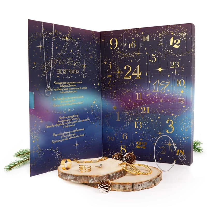calendrier de l'avent mes-bijoux contenant 24 bijoux dorés et argentés pour femme (bague, bracelet; collier;.)
