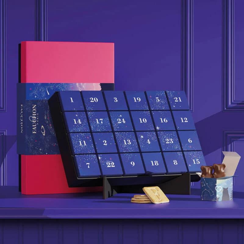 coffret chocolat illustré calendrier de l'avent fauchon 2024 douceurs chocolatées calissons, carré chocolat