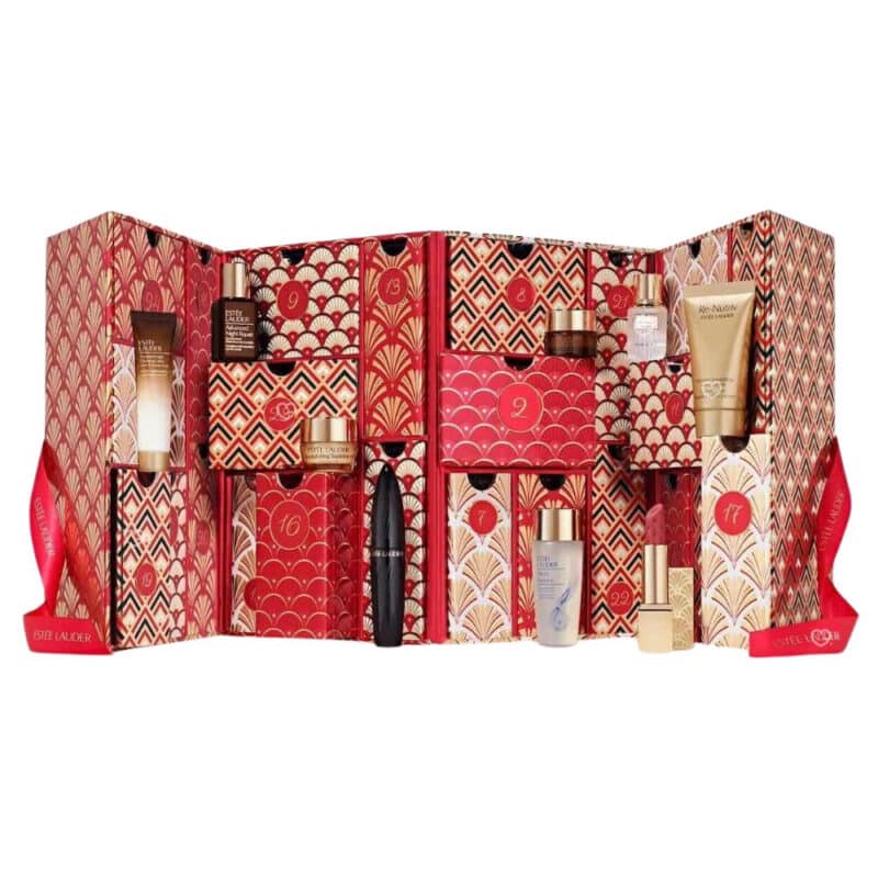 coffret beauté luxe rouge et or calendrier de l'avent estee lauder 2024 contenant 24 produits maquillage soin visage parfum