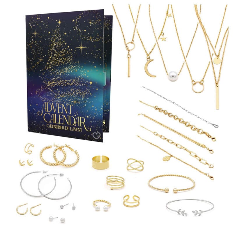 calendrier de l'avent mes-bijoux contenant 24 bijoux dorés et argentés pour femme (bague, bracelet; collier;.)