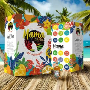 coffret alcool décoré ingrédients recettes calendrier de l'avent rhum arrangé 2024 Mama Sama avec 24 recettes de rhums à base de rhum agricole IGP