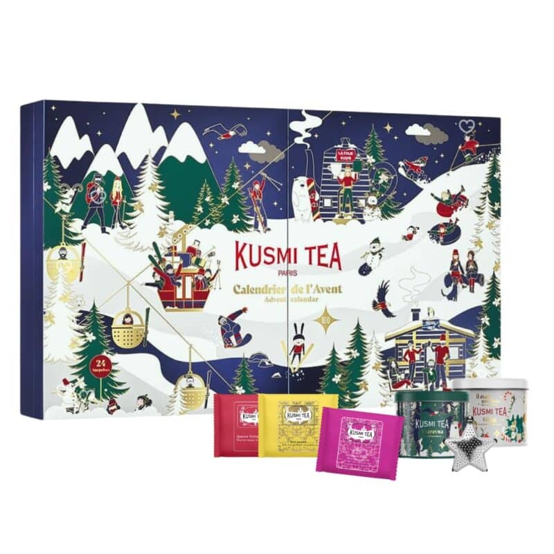 coffret bleu illustré sports Calendrier de l'avent Kusmi Tea 2024 thés bio : thés noirs; thés verts; blanc infusions