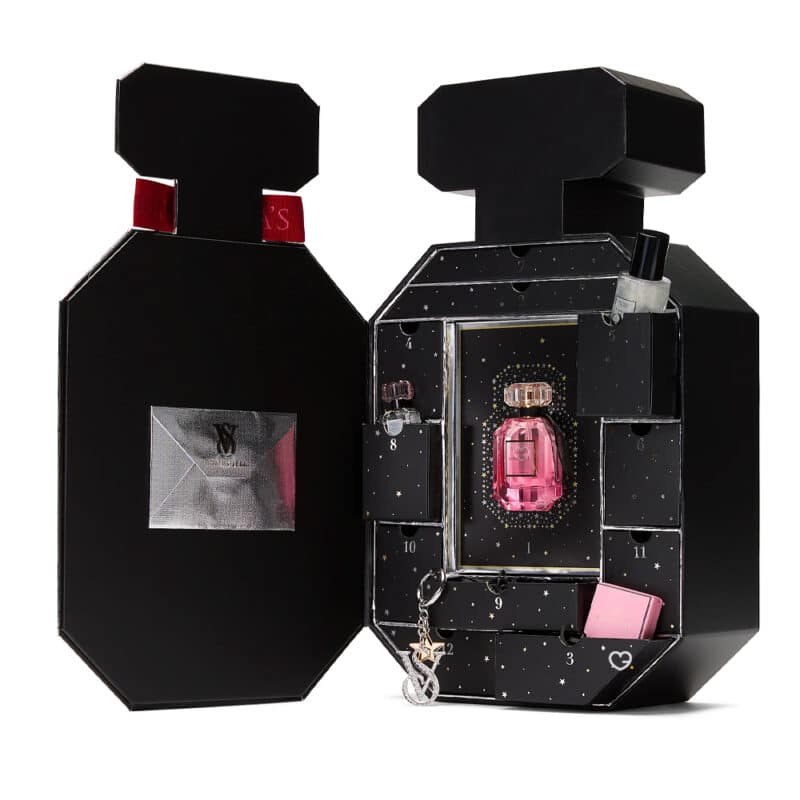 coffret luxe forme flacon parfum calendrier de l'avent Victoria Secret 2024 contenant 12 produits de beauté soins parfum