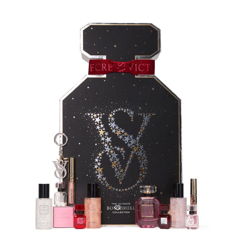 coffret luxe forme flacon parfum calendrier de l'avent Victoria Secret 2024 contenant 12 produits de beauté soins parfum