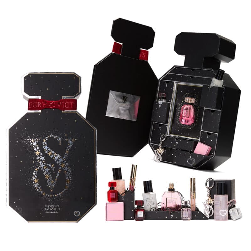 coffret luxe forme flacon parfum calendrier de l'avent Victoria Secret 2024 contenant 12 produits de beauté soins parfum