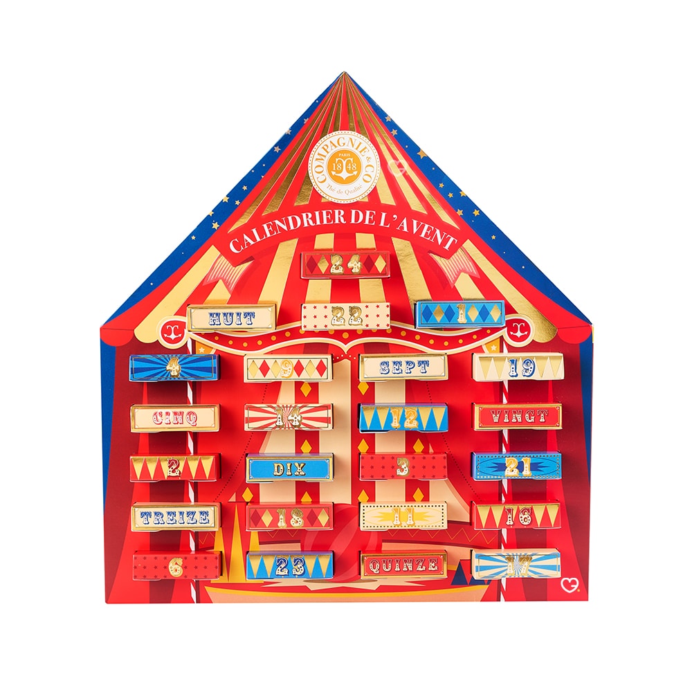 coffret forme chapiteau Calendrier de l'Avent Compagnie & co 2024 contenant 24 sachets de thés et infusions