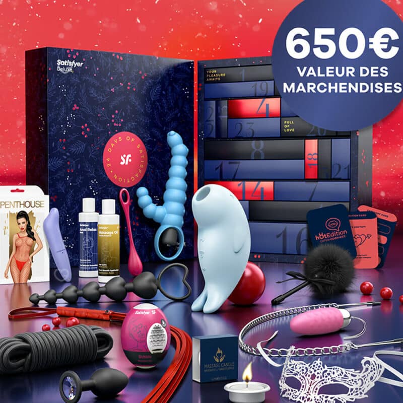 coffret erotique deluxe pour adulte calendrier de l'avent satisfyer 2024 contenant sextoys; bdsm; fouet; plug anal pour couple
