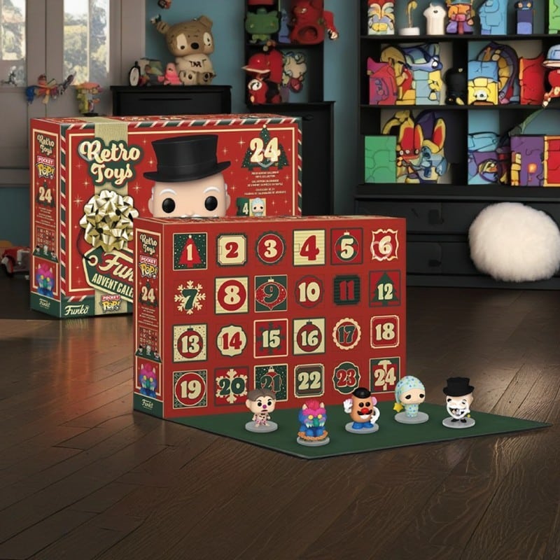Calendrier de l'Avent funko Retro toys 2024 ouvert avec figurines Hasbro : Monsieur Patate, Luciole Playskool, Uncle Pennybags