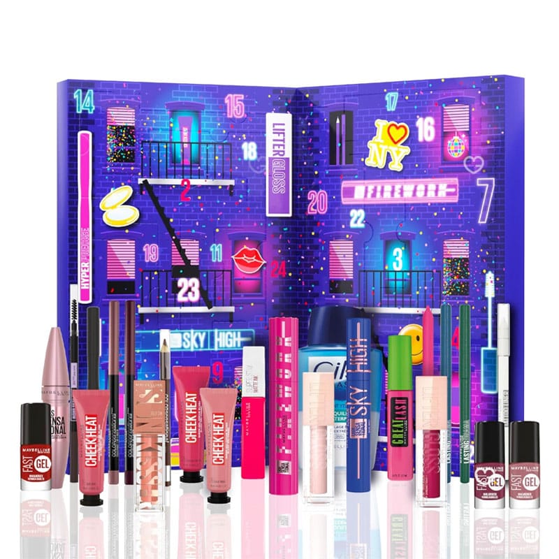 contenu du Calendrier de l'Avent beauté Maybelline edition 2024 avec 24 produits de maquillage Maybelline en en taille réelle : rouge à lèvres, du mascara, du vernis, makeup..