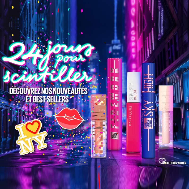 Calendrier de l'Avent beauté Maybelline edition 2024 avec 24 produits de maquillage Maybelline en en taille réelle : rouge à lèvres, du mascara, du vernis, makeup..